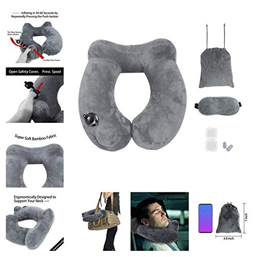 Rosilesi 1 * Juego de Almohadas de Viaje inflables (4PCS) - 32x30x10cm 4PCS Press Almohada de Viaje Inflable automática de usos múltiples Soporte de Cuello Tipo U(Gris)