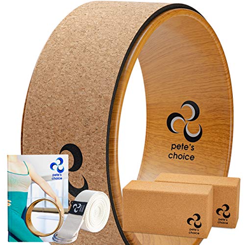 Rueda de Yoga y Yoga Blocks de Corcho - eBook y Corra de Yoga Incluidos | Yoga Accesorios Ultra Resistentes Rueda de Ejercicios y Bloques de Alta Densidad, Mejor Soporte, Natural y Eco- Friendly