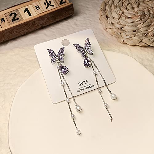 S925 Pendientes De Mariposa De Aguja De Plata Pendientes De Borla Larga De Perlas De Diamantes De Viento Dulce Femenino Pendientes