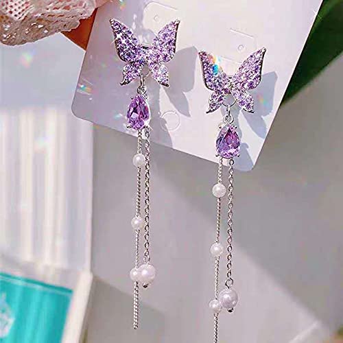 S925 Pendientes De Mariposa De Aguja De Plata Pendientes De Borla Larga De Perlas De Diamantes De Viento Dulce Femenino Pendientes