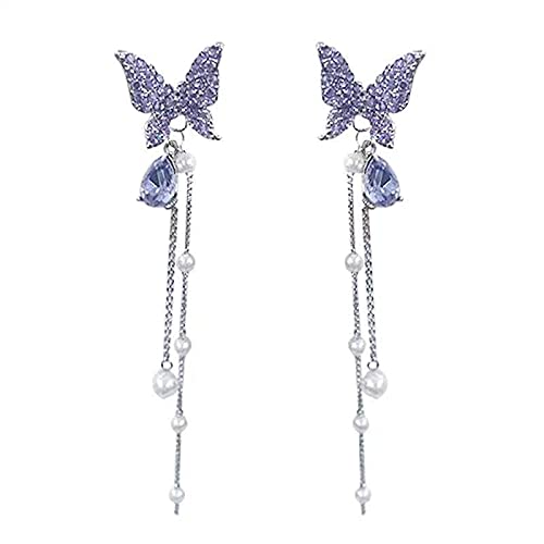 S925 Pendientes De Mariposa De Aguja De Plata Pendientes De Borla Larga De Perlas De Diamantes De Viento Dulce Femenino Pendientes