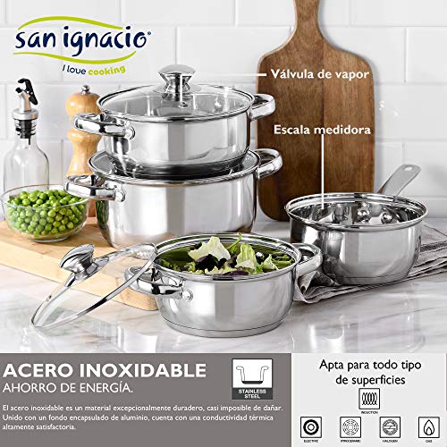 San Ignacio Batería de cocina 7 piezas Cazo sin tapa Ø16 (1.5L) / Cacerola Ø16 (1.5L) Cacerola Ø18 (2.0L) Cacerola Ø20 (3.0L), acero inoxidable, inducción