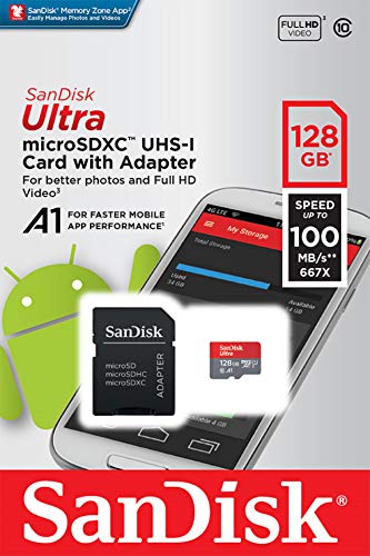 SanDisk Ultra Tarjeta de memoria microSDXC con adaptador SD, hasta 100 MB/s, rendimiento de apps A1, Clase 10, U1, 128 GB