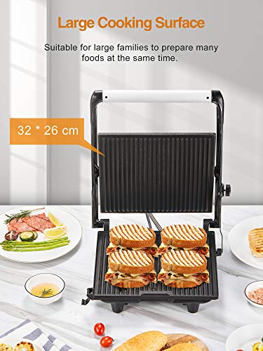 Sandwichera Grill 4-Serving,Panini Grill,2000W Parrilla Eléctrica con Placas Antiadherentes,Bandeja de Goteo Extraíble，Tapa Flotante y Asa de Toque Frío,Plata