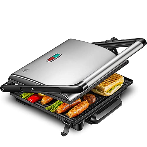 Sandwichera Grill 4-Serving,Panini Grill,2000W Parrilla Eléctrica con Placas Antiadherentes,Bandeja de Goteo Extraíble，Tapa Flotante y Asa de Toque Frío,Plata