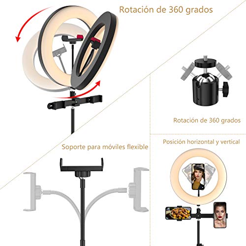 Selvim Aro de luz 10.2" LED 2 Trípodes, Anillo de Luz 2,1m Regulable, 3 Soportes para Móviles, Control Remoto Bluetooth, 128 Bombillas 3 Modos 10 Brillos, para Fotografía Maquillaje Selfie TIK Tok