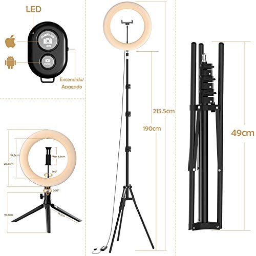 Selvim Aro de luz 10.2" LED 2 Trípodes, Anillo de Luz 2,1m Regulable, 3 Soportes para Móviles, Control Remoto Bluetooth, 128 Bombillas 3 Modos 10 Brillos, para Fotografía Maquillaje Selfie TIK Tok