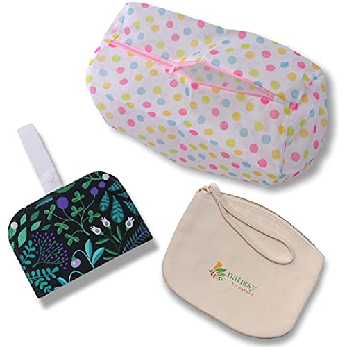 Set de 3: Bolsa de Aseo de Algodón Ecológico, Bolsa Impermeable Doble de Algodón y Cinta para colgar, Bolsa para Lavadora; perfectas para Salvaslips de tela Lavables y Compresas de Tela Reutilizables