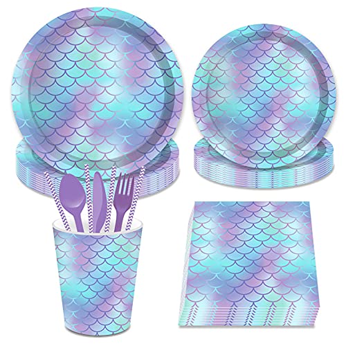 Set de Fiesta de Cumpleaños de Mermaid Simmpu 93 Piezas de Vajilla Desechable para Sirena Platos Tazas Servilleta de Papel Paja Set de Fiesta de cumpleaños para Niños para 8 Invitados