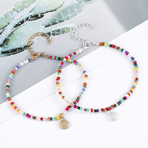 Sethexy Boho Vieira Pulseras para el tobillo Cuentas de colores Cadena de pie Colgante de concha de oro y plata Verano Playa de arena Joyería del pie para mujeres y niñas （2 piezas）