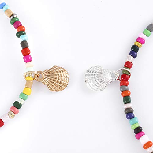 Sethexy Boho Vieira Pulseras para el tobillo Cuentas de colores Cadena de pie Colgante de concha de oro y plata Verano Playa de arena Joyería del pie para mujeres y niñas （2 piezas）