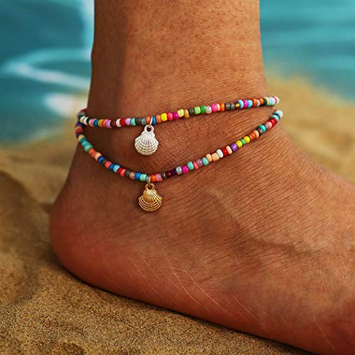 Sethexy Boho Vieira Pulseras para el tobillo Cuentas de colores Cadena de pie Colgante de concha de oro y plata Verano Playa de arena Joyería del pie para mujeres y niñas （2 piezas）