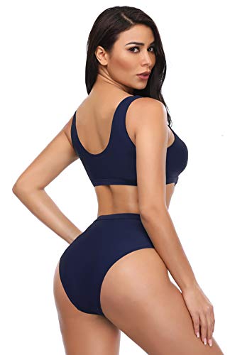 SHEKINI Bikini de Mujer Trajes de Baño de Dos Piezas Low Scoop Top de Cosecha Baja de Cuchara High Waisted Brasier Deportivo Top Racerback (S, Azul Marino)