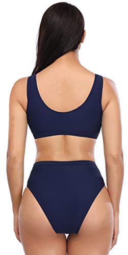 SHEKINI Bikini de Mujer Trajes de Baño de Dos Piezas Low Scoop Top de Cosecha Baja de Cuchara High Waisted Brasier Deportivo Top Racerback (S, Azul Marino)