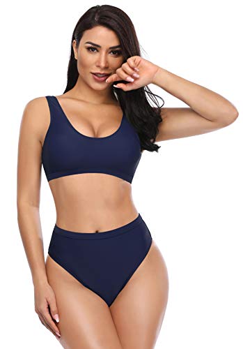 SHEKINI Bikini de Mujer Trajes de Baño de Dos Piezas Low Scoop Top de Cosecha Baja de Cuchara High Waisted Brasier Deportivo Top Racerback (S, Azul Marino)