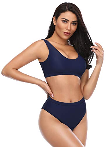 SHEKINI Bikini de Mujer Trajes de Baño de Dos Piezas Low Scoop Top de Cosecha Baja de Cuchara High Waisted Brasier Deportivo Top Racerback (S, Azul Marino)