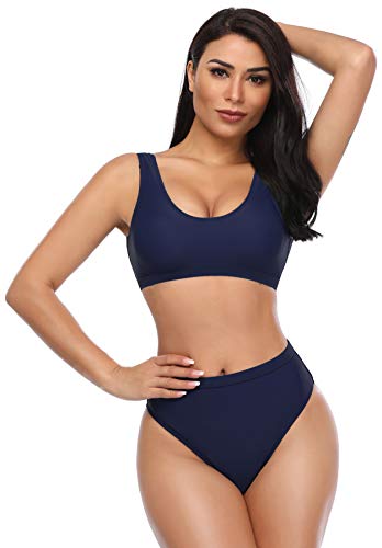 SHEKINI Bikini de Mujer Trajes de Baño de Dos Piezas Low Scoop Top de Cosecha Baja de Cuchara High Waisted Brasier Deportivo Top Racerback (S, Azul Marino)