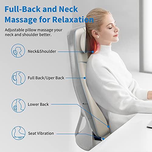 Shiatsu Respaldo de Masaje con Calor, Renpho Masajeador Espalda y Cuello Profundo, Intensidad Regulable Vibración Cojín de Asiento, Silla de Masaje para Toda la Espalda, Cintura, Caderas - Beige