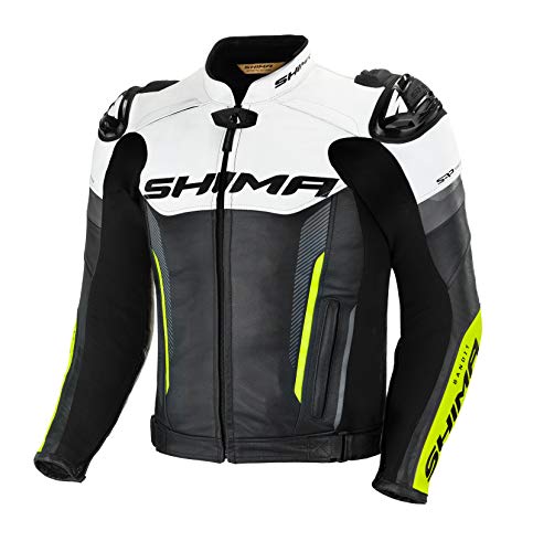 SHIMA BANDIT Chaqueta Moto Hombre - Cazadora deportiva moto hombre de cuero verano ventilado con deslizadores de hombro, CE espalda, hombros, codos protecciones, reforzado costuras dobles (Fluo, 46)