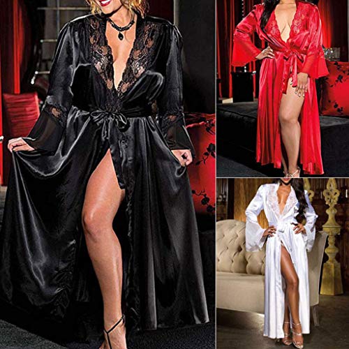 SHOBDW Ropa de Dormir Mujeres Sexy Largo Satén De Seda Kimono Suave Bata Camisón Babydoll Encaje Sexy Lencería Ropa Interior Ropa De Dormir SPA Gimnasio Bata De BañO(Negro,L)