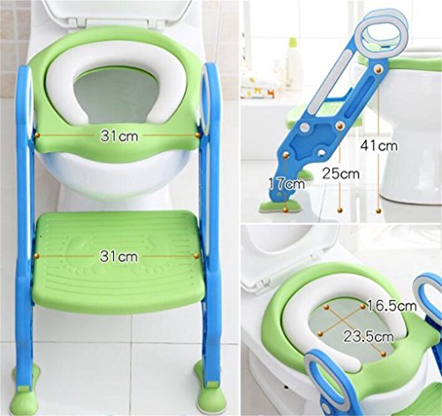 Sinbide Escalera Asiento Escalera del Tocador de Niños, Reductor WC para Niños Acolchado Suave con Escalón Plegable Abatible Ajustable, Antideslizante (Azul-Verde)