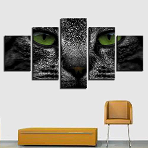 SJYHNB Decoración del hogar Pintura de Lienzo Gato negro Imágenes Impresiones de Arte de Pared Cartel Moderno Modular para habitación 5 Piezas 200 x 100cm