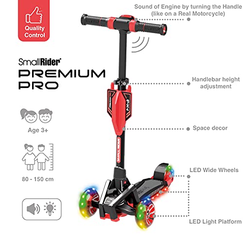 Small Rider Premium Pro, Patinete de 3 Ruedas, Efectos de Sonido de Motocicleta, Ruedas y Plataforma de PU Anchas con luz LED, Ajustable en Altura, Carga máxima 70 kg, Niños y niñas 3 a 8 años (Rojo)