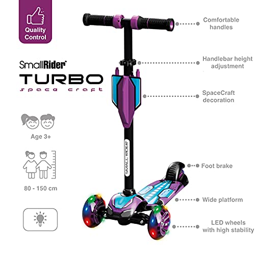 Small Rider Turbo Spacecraft Patinete de 3 Ruedas Anchas con luz LED, Plegable, Ajustable en Altura, Carga máxima 70 kg, Niños y niñas 3 a 8 años (Aqua)