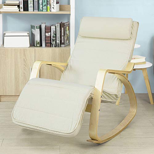 SoBuy Silla de relax, mecedora (reposapiernas ajustable), sillón de relax FST16-W (beige) (Mecedora)