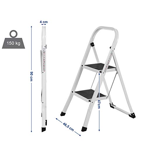 SONGMICS Escalerilla, Escalera Plegable Robusto 2 peldaños Hasta 150 kg, con Apoyabrazos Altura de trabajo 240 cm, certificado por TÜV Rheinland de acuerdo con el estándar EN14183 GSL12WT