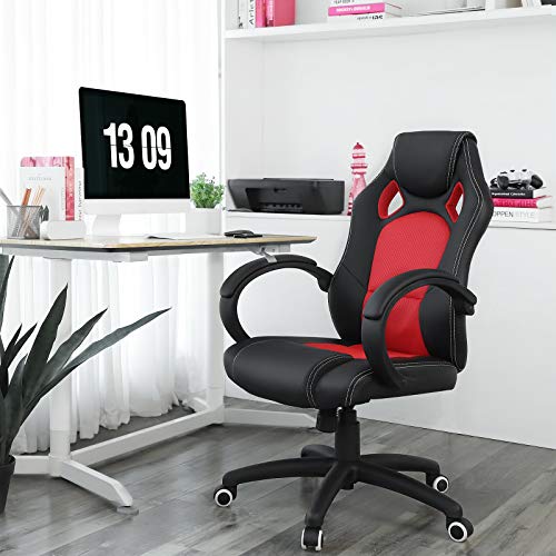 SONGMICS OBG56BR Racing - Silla de Escritorio de Oficina Ergonómica Regulable con Ruedas, color Rojo