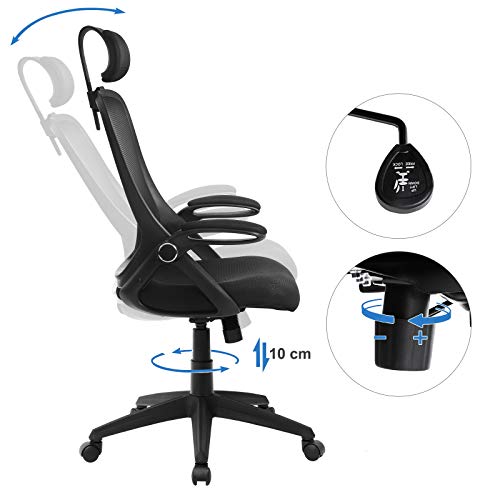 SONGMICS OBN51BK - Silla de Oficina giratoria, Silla de Escritorio ergonómica, Apoyabrazos Plegables, Reposacabezas Ajustable, Mecanismo de inclinación, Tejido de Malla Transpirable, Negro