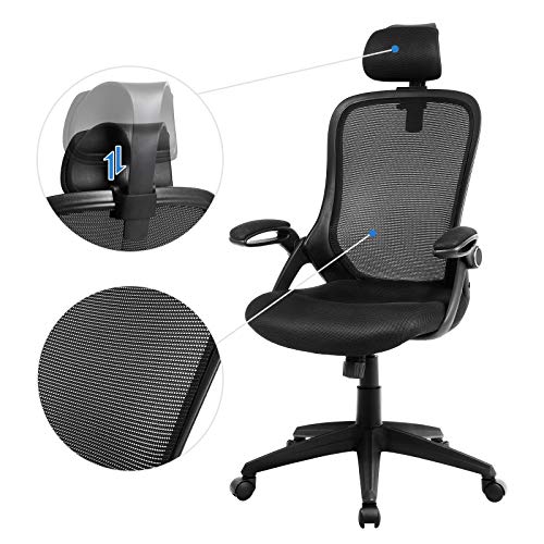 SONGMICS OBN51BK - Silla de Oficina giratoria, Silla de Escritorio ergonómica, Apoyabrazos Plegables, Reposacabezas Ajustable, Mecanismo de inclinación, Tejido de Malla Transpirable, Negro