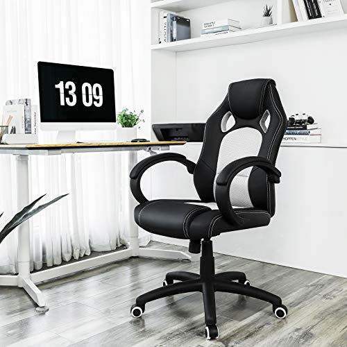 SONGMICS Racing Silla de Escritorio de Oficina Ergonómica Regulable con Ruedas, OBG56BW, Blanco