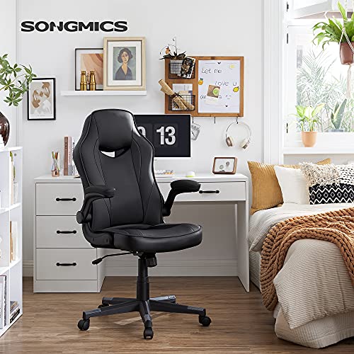 SONGMICS Silla de Oficina, Silla giratoria ergonómica, con reposabrazos Plegables, Altura Ajustable e inclinación Libre, Carga de 150 kg, Negro OBG064B01