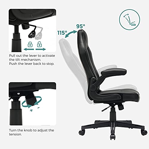 SONGMICS Silla de Oficina, Silla giratoria ergonómica, con reposabrazos Plegables, Altura Ajustable e inclinación Libre, Carga de 150 kg, Negro OBG064B01