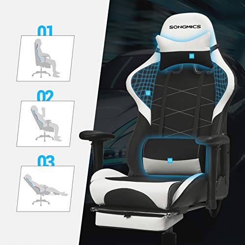 SONGMICS Silla Gaming, Silla Racing Ergonómica, Silla Giratoria de 360°, con Reposapiés, Reposacabezas, Cojín Lumbar y Respaldo Alto, Cuero Sintético, Altura Ajustable, Negro y Blanco RCG52BW