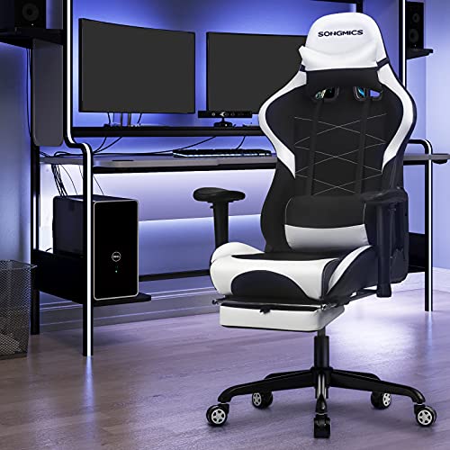 SONGMICS Silla Gaming, Silla Racing Ergonómica, Silla Giratoria de 360°, con Reposapiés, Reposacabezas, Cojín Lumbar y Respaldo Alto, Cuero Sintético, Altura Ajustable, Negro y Blanco RCG52BW