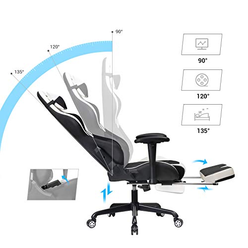 SONGMICS Silla Gaming, Silla Racing Ergonómica, Silla Giratoria de 360°, con Reposapiés, Reposacabezas, Cojín Lumbar y Respaldo Alto, Cuero Sintético, Altura Ajustable, Negro y Blanco RCG52BW