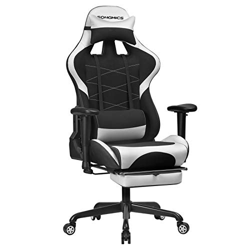 SONGMICS Silla Gaming, Silla Racing Ergonómica, Silla Giratoria de 360°, con Reposapiés, Reposacabezas, Cojín Lumbar y Respaldo Alto, Cuero Sintético, Altura Ajustable, Negro y Blanco RCG52BW