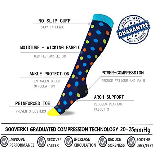 Sooverki Calcetines de compresión para Mujeres y Hombres 20-25 mmHg es el Mejor Graduado atlético, Correr, Volar, Viajar, Enfermeras 09-Multicolor-6 Pares S/M