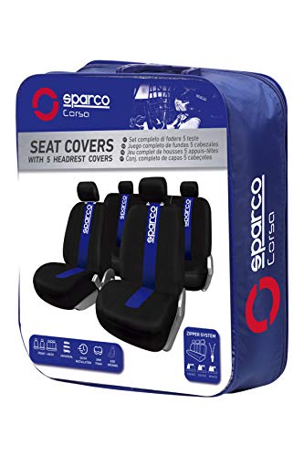 Sparco SPC1011 CLASSIC - Juego de Fundas para Asientos de Coche, color Negro y Azul, 9 Piezas