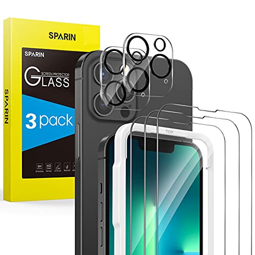 SPARIN 3 Pack Protector de Pantalla Compatible con iPhone 13 Pro Max 6,7 Pulgadas con 2 Pack Protector de Lente de Cámara, Cristal Templado con Marco de Alineación, Protección de la Cámara