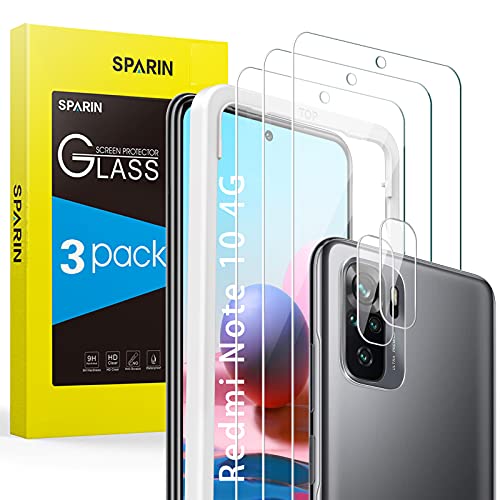 SPARIN 5 Piezas Protector de Pantalla para Xiaomi Redmi Note 10 4G / Note 10S, 3 Piezas Cristal Templado + 2 Piezas Lente de Cámara, Alta definición