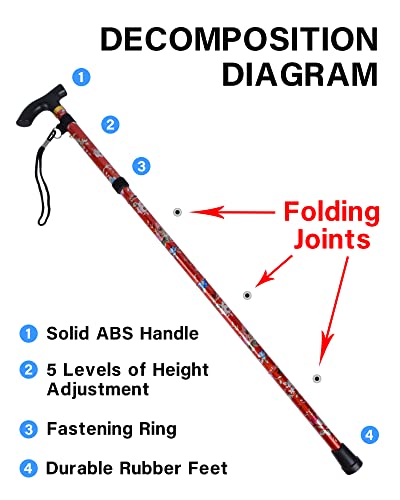 SPDYCESS Bastones Plegables, Estampado Flores Aluminio Ajustable Bastón Ligero Portátil Viaje Bastones Trekking Ergonómico Mango Antideslizante Alpenstock para Mujeres Hombres Excursionistas Mayores