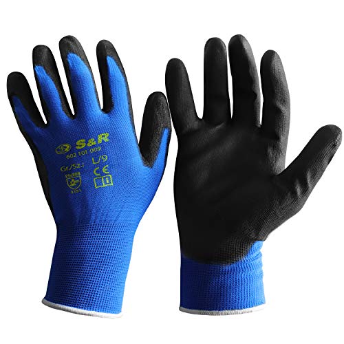 S&R 12 Guantes de Trabajo de Fibra de poliéster con recubrimiento de PU. 12 pares - Talla XL/10