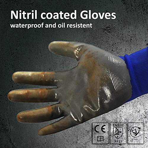 S&R Guantes de trabajo con recubrimiento de nitrilo L/9 (12 pares). Para moto, auto mecánica, jardinería, bricolaje. Antideslizante y antiabrasión.