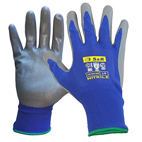 S&R Guantes de trabajo con recubrimiento de nitrilo L/9 (12 pares). Para moto, auto mecánica, jardinería, bricolaje. Antideslizante y antiabrasión.