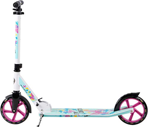 STAR SCOOTER Patinete Patineta Scooter Plegable XXL para niños y niñas a Partir de 6-7 años y Adultos para Ciudad | 205 mm Edición mas Ancha, con más Espacio para los pies | Blanco & Turquesa