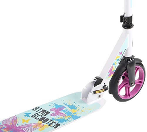 STAR SCOOTER Patinete Patineta Scooter Plegable XXL para niños y niñas a Partir de 6-7 años y Adultos para Ciudad | 205 mm Edición mas Ancha, con más Espacio para los pies | Blanco & Turquesa